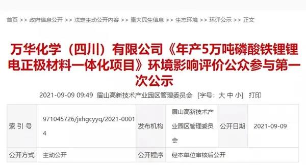万华化学拟建5万吨/年磷酸铁锂正极材料一体化项目 万华化学拟建5万吨/年磷酸铁锂正极材料一体化项目