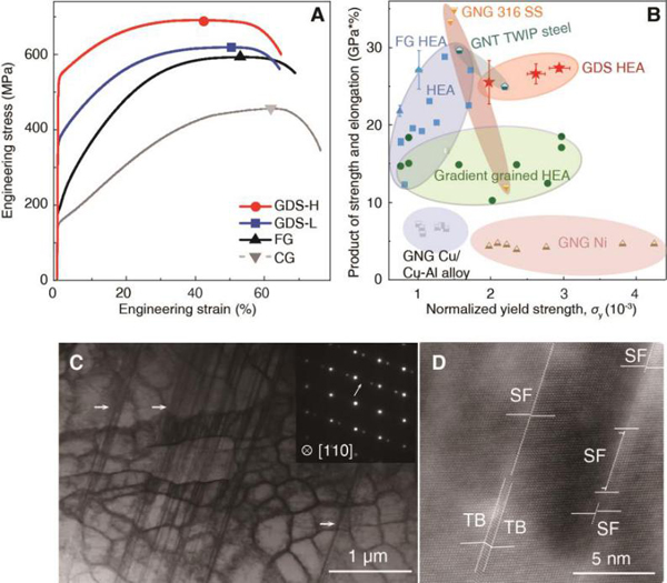 图2.梯度位错结构Al0.1CoCrFeNi高熵合金的力学性能和变形机制 图2.梯度位错结构Al0.1CoCrFeNi高熵合金的力学性能和变形机制