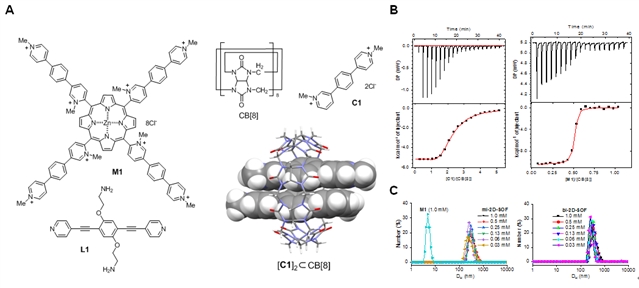 自组装单体（M1，C1和L1）结构，以及于C1以及M1和CB[8]相互作用的等温量热滴定实验以及单层结构（ml-2D-SOF）和双层结构（bl-2D-SOF）溶液相中的粒径分布