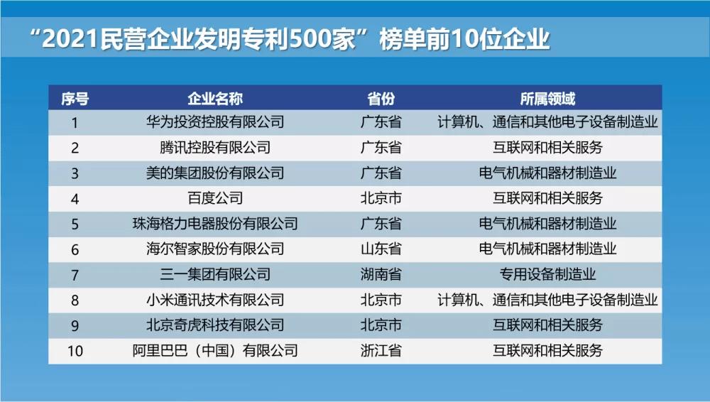 2021民营企业发明专利500家