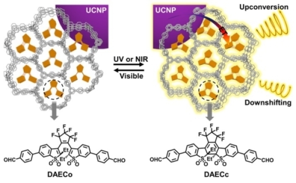 图2.多重光响应下具有上转换和下转换圆偏振发光开关性质的手性金属有机框架示意图 图2.多重光响应下具有上转换和下转换圆偏振发光开关性质的手性金属有机框架示意图
