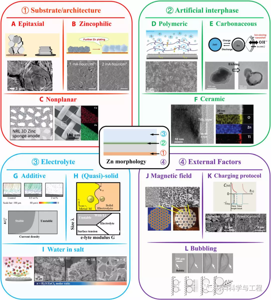 图5 Zn金属负极电沉积形貌的控制方法 图5 Zn金属负极电沉积形貌的控制方法