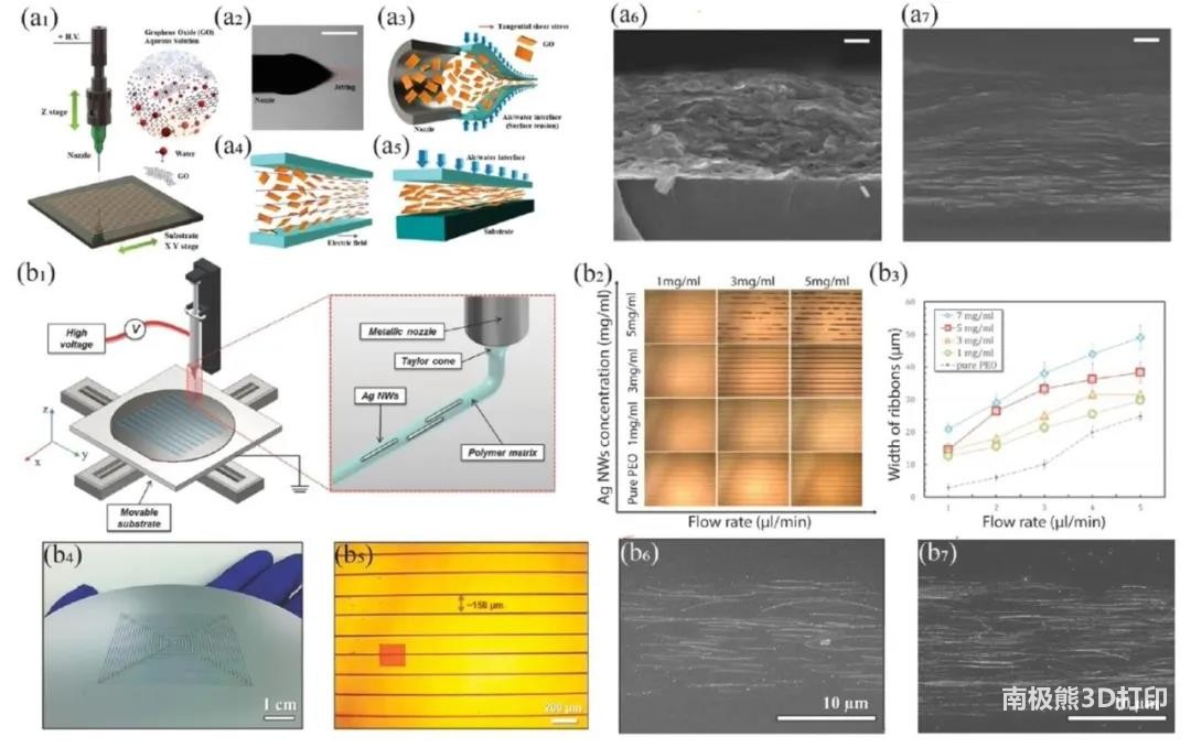 图4为电流体动力3D打印与氧化石墨烯、银纳米线的取向排布 图4为电流体动力3D打印与氧化石墨烯、银纳米线的取向排布