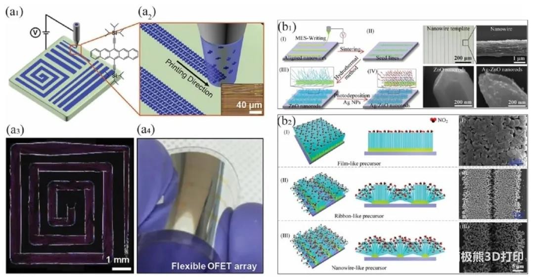 图5为电流体动力3D打印与有机半导体、银-氧化锌纳米棒的取向排布 图5为电流体动力3D打印与有机半导体、银-氧化锌纳米棒的取向排布