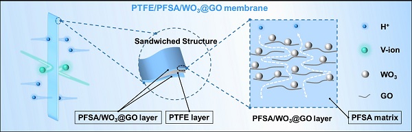 复合膜结构以及阻止钒离子渗透示意图 复合膜结构以及阻止钒离子渗透示意图