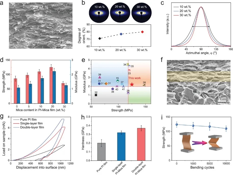 图2 双层PI-云母薄膜的结构和机械特性 图2 双层PI-云母薄膜的结构和机械特性