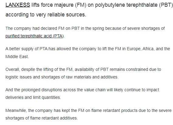 朗盛PBT解除不可抗力
