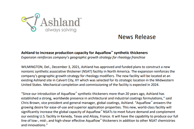 亚什兰将在北美建设合成增稠剂设施 亚什兰将在北美建设合成增稠剂设施