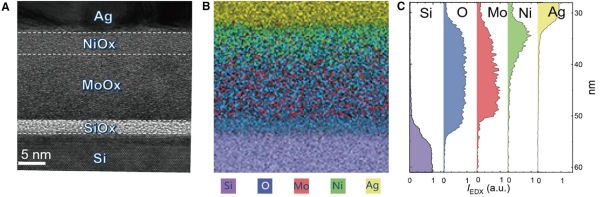 图2.NiOx/MoOx/SiOx/c-Si界面的微观结构及元素分布 图2.NiOx/MoOx/SiOx/c-Si界面的微观结构及元素分布