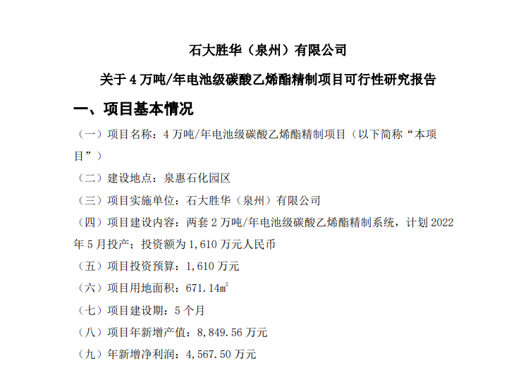 石大胜华子公司拟投资1610万建设4万吨/年电池级碳酸乙烯酯精制项目 石大胜华子公司拟投资1610万建设4万吨/年电池级碳酸乙烯酯精制项目
