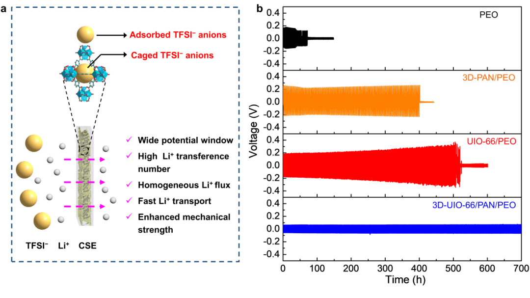 图3. 3D-UIO-66/PAN/PEO CSE在锂锂对称电池中的应用