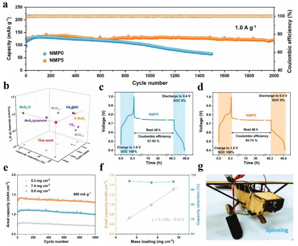 图5. 使用 NMP0 和 NMP5 电解质的 Zn/VS2@SS 全电池的电化学性能.