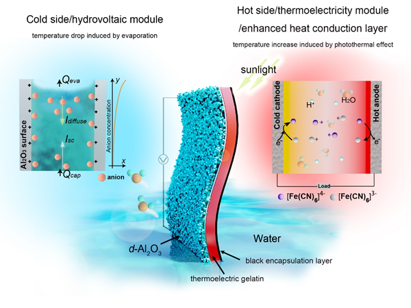 图1 热传导增强型柔性水伏发电机结构和机理示意图 图1 热传导增强型柔性水伏发电机结构和机理示意图