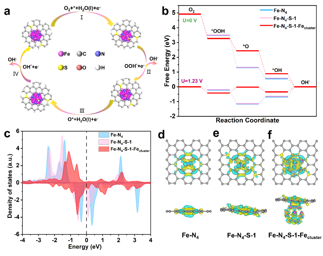 图3 Fe-N4、Fe-N4-S-1和 Fe-N4-S-1-Fecluster模型的密度泛函理论计算