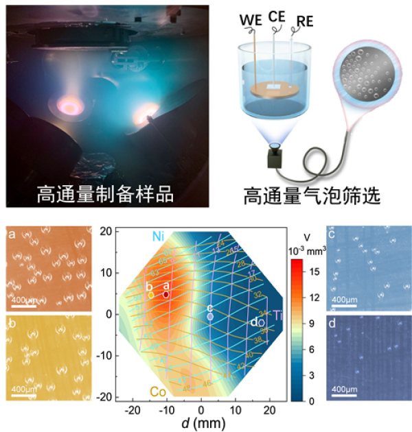 高通量合金薄膜制备和高通量并行气泡筛选方法示意图和NiCoTi三元催化剂结果