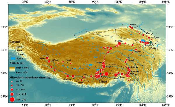 青藏高原表土中微塑料丰度分布图 青藏高原表土中微塑料丰度分布图
