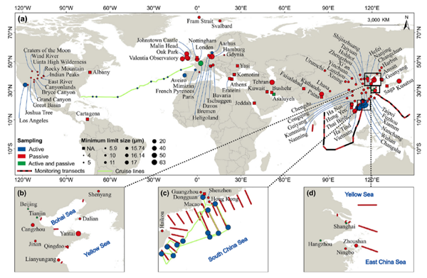 全球大气微塑料研究站点及其分度分布 全球大气微塑料研究站点及其分度分布