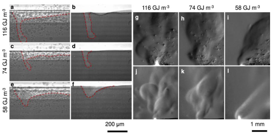 不同输入能量密度下有粉末和无粉末的线扫描图像比较
