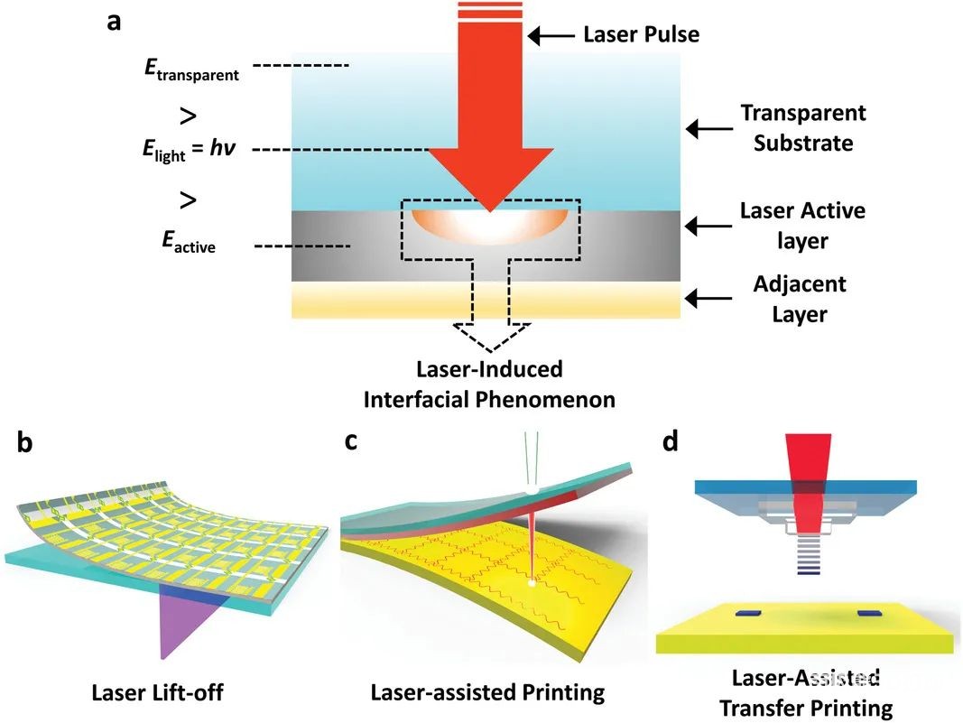 a)通过透明基板的激光照射界面示意图。三种衍生技术:b) 激光剥离、c) 激光辅助打印和 d) 激光辅助转移打印 a)通过透明基板的激光照射界面示意图。三种衍生技术:b) 激光剥离、c) 激光辅助打印和 d) 激光辅助转移打印