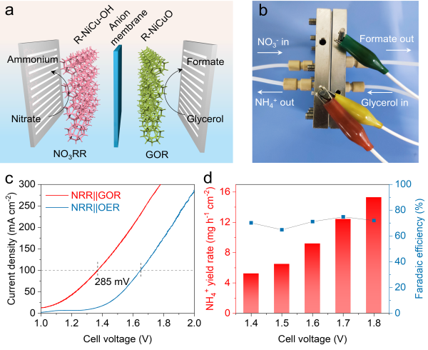 硝酸根还原耦合甘油氧化电解器件结构图及工作性能