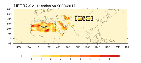 沙尘气溶胶排放通量(单位:10-8 kg m-2 s-1)。虚线框代表北非沙漠(NAD)及东亚沙漠(EAD) 沙尘气溶胶排放通量(单位:10-8 kg m-2 s-1)。虚线框代表北非沙漠(NAD)及东亚沙漠(EAD)