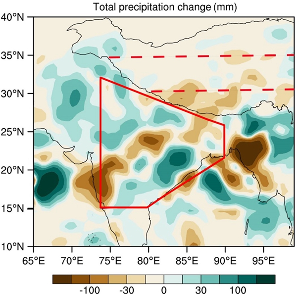 南亚黑碳气溶胶引起的2007-2016年夏季(6-9月)平均降水变化 南亚黑碳气溶胶引起的2007-2016年夏季(6-9月)平均降水变化