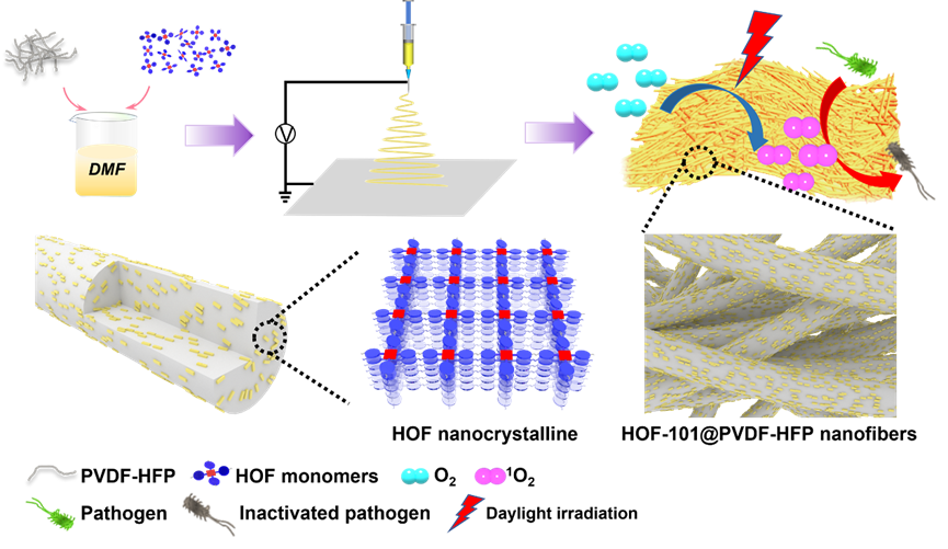 抗菌HOF@PVDF-HFP纳米纤维的制备及其抗菌机理示意图 抗菌HOF@PVDF-HFP纳米纤维的制备及其抗菌机理示意图